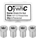 Heavy Duty Weld On Nuts One Half Inch Thirteen Threaded Female Stepped Bung Hardware For Auto Chassis Mounting in a 4-piece set.