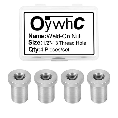 Heavy Duty Weld On Nuts One Half Inch Thirteen Threaded Female Stepped Bung Hardware For Auto Chassis Mounting in a 4-piece set.