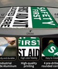 12 By 8 Inch Aluminum Safety First First Aid Kit Located Here Metal Sign With Pre Drilled Holes shown with dimensions and features