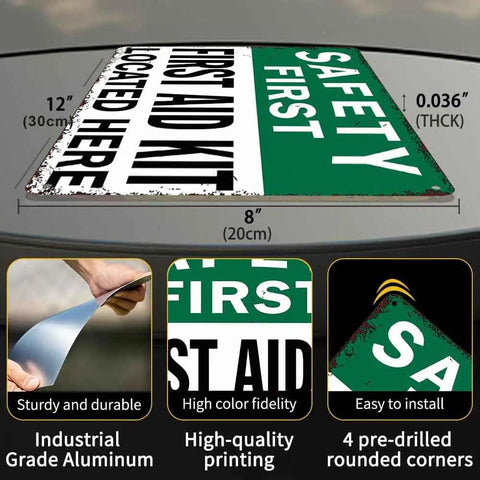 12 By 8 Inch Aluminum Safety First First Aid Kit Located Here Metal Sign With Pre Drilled Holes shown with dimensions and features