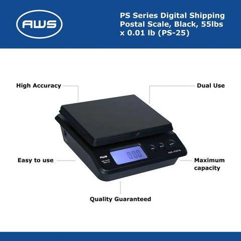 Top Notch Digital Postal Shipping Scale For Boxes And Parcel Mailing 55 Lb Capacity with LCD screen in black finish.