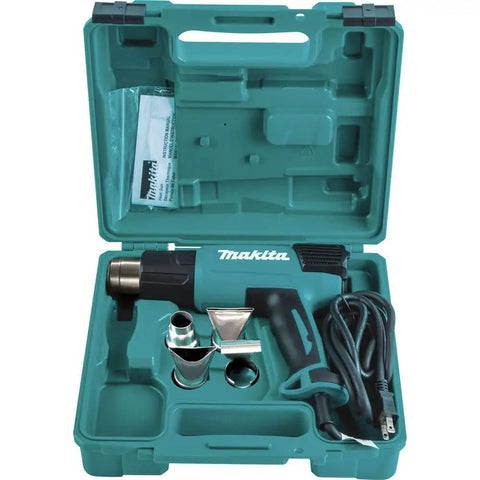 Open case with versatile variable temperature heat gun kit including LCD display, nozzles, and cable for woodworking and vinyl wrapping.