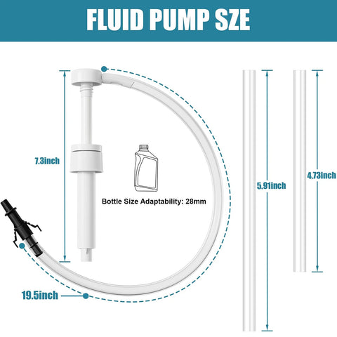 Fluid pump for standard quart bottles with 28mm adapter; white plastic pump with clear tubing