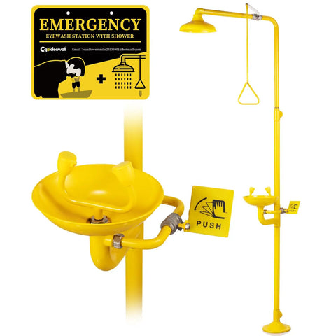 Heavy Duty Emergency Shower And Eye Wash Station Combo For Industrial Safety Worksite Ready NPT Thread 304 Stainless Steel With Yellow Coating OSHA Approved And ANSI Z358 2014 Compliant Ideal For Construction Sites Factories Labs