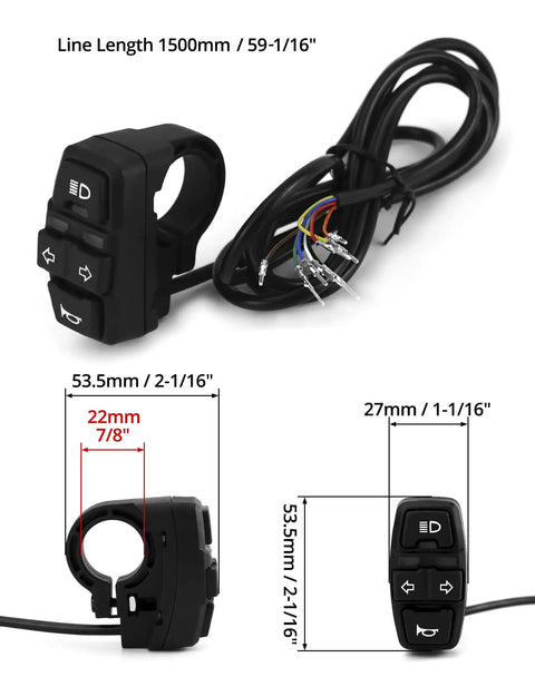 Ride Ready All In One 3 In 1 Motorcycle Handlebar Control Switch dimensions and wiring detail for motorbikes and scooters