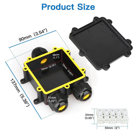 3 Way IP68 Waterproof Junction Box For Outdoor Use Tough As Nails External Electrical Box with dimensions and open lid