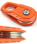 Snatch Block 55,000 LBS Heavy Duty Winch Pulley For Synthetic Rope Or Steel Cable, Off Road Recovery Tackle Block For Trucks ATVs UTVs And Tractors, Universal Orange, orange steel pulley close-up