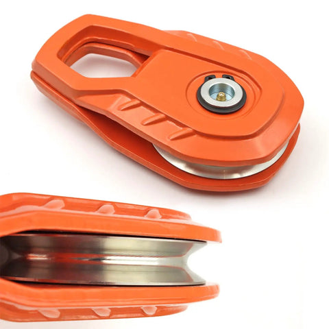 Snatch Block 55,000 LBS Heavy Duty Winch Pulley For Synthetic Rope Or Steel Cable, Off Road Recovery Tackle Block For Trucks ATVs UTVs And Tractors, Universal Orange, orange steel pulley close-up