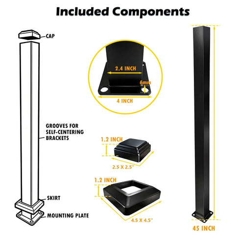 Premium Heavy Duty 45 Inch Black Powder Coated Aluminum Railing Post Kit components including cap, mounting plate, and skirt.