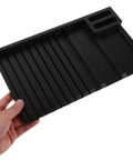DIY Model Frame Organizer Tray With Multi Tier Adjustable Compartments For Workshop Use Handy Plastic Hobby Tool Sorting Rack To Boost Productivity And Safely Hold Parts, black plastic tray with adjustable slots held in hand