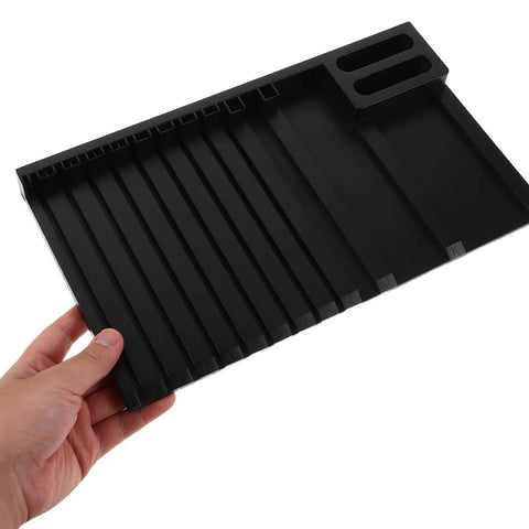 DIY Model Frame Organizer Tray With Multi Tier Adjustable Compartments For Workshop Use Handy Plastic Hobby Tool Sorting Rack To Boost Productivity And Safely Hold Parts, black plastic tray with adjustable slots held in hand