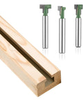 3 Piece Keyhole Router Bits With One Quarter Inch Shank For T Slot Cutting And Hex Bolt Mounting beside a wooden piece with a slot.