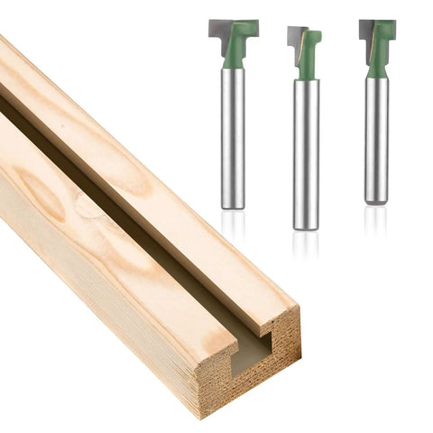 3 Piece Keyhole Router Bits With One Quarter Inch Shank For T Slot Cutting And Hex Bolt Mounting beside a wooden piece with a slot.