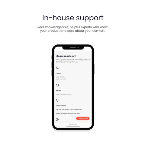 Smartphone screen displaying in-house support details including phone number and email for customer inquiries.