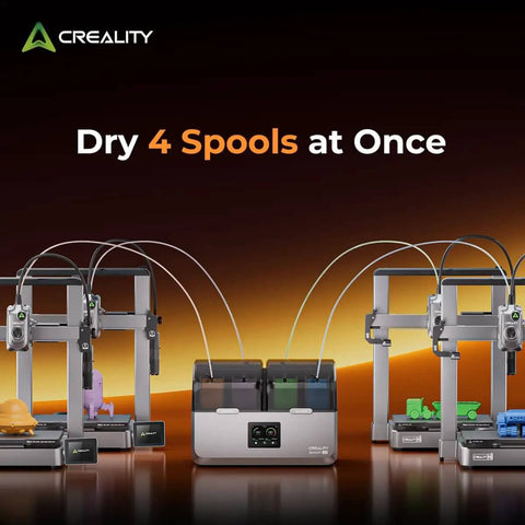 X4 Filament Dryer Box For 3D Printers With Dual Independent Heating Chambers 200W shown with 3D printers drying four spools.