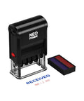 No Sweat Self Inking Date Stamp Engineered For Quick Adjustable Marking With Crisp Bright Impressions That Dry Fast And Keep Your Desk Papers Neat As A Pin Without Any Sticky Mess Or Headaches, showing black stamp with ink pad.
