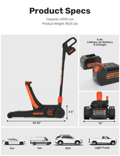 Electric Floor Jack 3 Ton Low Profile With One Touch Lift, 6000 Lbs Capacity, Hydraulic Service Jack, recharge battery and dimensions