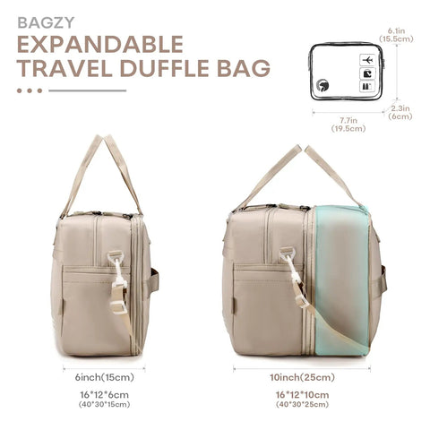 Under-Seat Travel Duffle Bag Go-To 20L Expandable To 30L Lightweight Nylon Carry-On side view with expansion size details