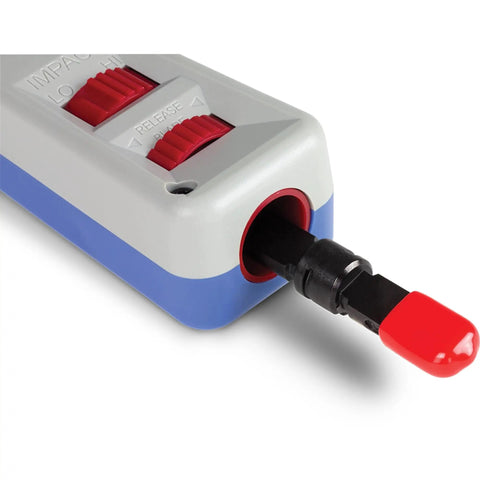 Close-up of gray Punch Down Tool With 110 And Krone Blades for Cat5e to Cat6a Network Cables, showing red reversible blade end.