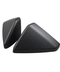 Grab These Heavy Duty Side View Mirror Caps For Tesla Cybertruck Featuring Durable Abs Plastic And Sleek Carbon Fiber Weave Exterior Trim Kit With Straight Snap On Install To Give Your Ride That Fresh Street Ready Edge - close-up view of two carbon fiber mirror caps.