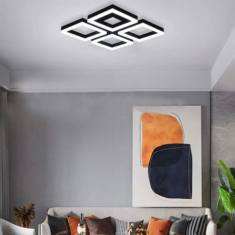 Dope Modern 4 Panel Aluminum Frame LED Ceiling Light Fixtures 52W Flush Mount with matte black finish in living room setting