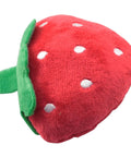 Handcrafted Plush Strawberry Dog Chew Toy Featuring Hella Durable Stitching Super Bright Red Interactive Cat Scratcher For Dope Playtime Premium Pet Plaything, small plush strawberry with green leaves.