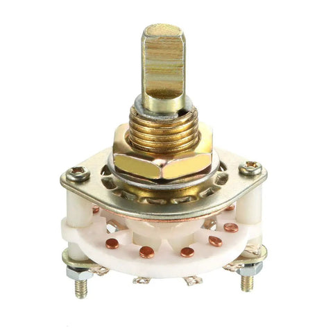 Band Selector Rotary Switch, 2 Pole 4 Position, 10 Pin, Single Deck, 9mm Mount Hole, 6mm Shaft, 11.5mm Shaft Length, front view