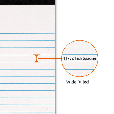 Wide Ruled Lined Writing Note Pads 12 Pack With 50 Perforated Sheets Each Letter Size White Paper showing 11/32 inch spacing.