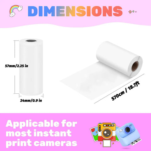 12 Roll Kids Instant Camera Print Paper Refill BPA Free 56mm By 24mm Thermal Paper For Photo Printers, Each Roll Prints About 60 Pics, Safe Premium Paper. Dimensions shown 57mm x 24mm thermal paper roll for instant cameras.