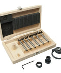 Top Shelf High Speed Steel Forstner Bit Set With Adjustable Depth Stop Collar in wooden case with six bits and accessories