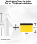 Application tools for Precision Precut TPU Paint Protection Film for Tesla Model Y Juniper 2025 2026, including spray bottle and scraper.