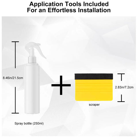 Application tools for Precision Precut TPU Paint Protection Film for Tesla Model Y Juniper 2025 2026, including spray bottle and scraper.