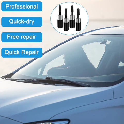 Car windshield with overlay showing tools from Upgraded Windshield Repair Kit for Chips and Cracks, Quick Fix DIY Star Shaped Crack Repair.