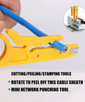 Person using All In One Crimping Tool Kit For Ethernet And Phone Cables With RJ45 Cutter Wire Stripper And Network Crimper Portable Cable Connector Crimper For LAN Setup And Internet Repair On The Go to strip blue cable, showing close-up of yellow wire stripper.