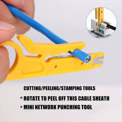 Person using All In One Crimping Tool Kit For Ethernet And Phone Cables With RJ45 Cutter Wire Stripper And Network Crimper Portable Cable Connector Crimper For LAN Setup And Internet Repair On The Go to strip blue cable, showing close-up of yellow wire stripper.