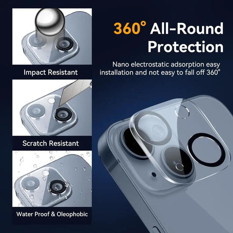 Close-up of 3 Pack Camera Lens Protector For iPhone 15 And 14 6.1 Inch showing impact and scratch resistance with water protection