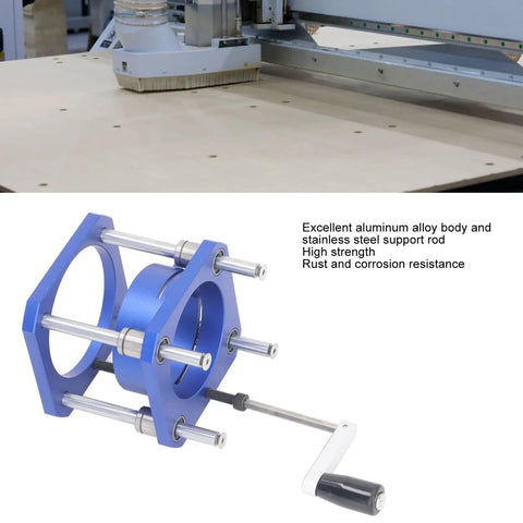 Rock Solid Aluminum Router Lift Kit With Dead Smooth Height Adjustment And Precision Router Table Insert Plate For 64 To 65 Mm Routers and Kick Ass Woodworking, showing detailed blue aluminum body with stainless steel rods.