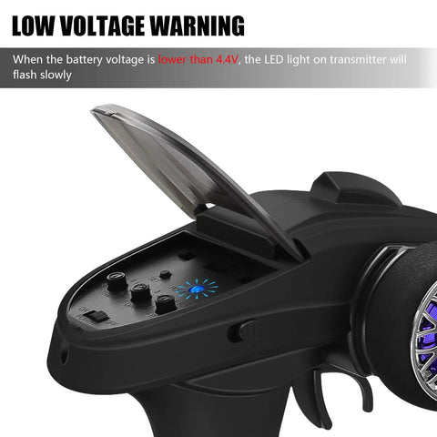 2.4G RC Transmitter And Receiver Kit With Lanyard For RC Car Boat And Crawler showing open battery compartment and low voltage warning