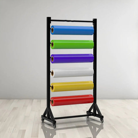 Heavy Duty Mobile Wire Coil Storage Organizer Rolling Cart With Thick Steel Frame holding colorful rolls of paper in craft room.