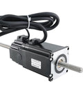 Screw motor with lead screw, black housing and silver mounting flange, long threaded shaft and bundled cables.