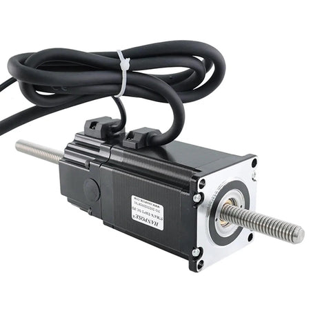 Through-screw motor with lead screw, black housing, silver front flange, bundled cables.