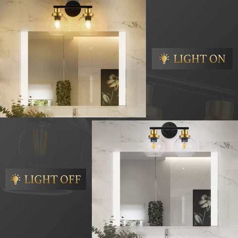 2 Light Vanity Fixture With Clear Globe Shade Black And Gold Finish Modern Wall Sconce For Bathroom Mirror Vintage Mid Century Vibe 14 Inch Long Bulb Not Included Perfect For Hallway Or Bedroom with light on and off over bathroom mirror