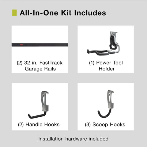Garage Wall Storage Kit with FastTrack Rails Hooks Shelves and Cabinets Built to Last Heavy Duty Steel components displayed