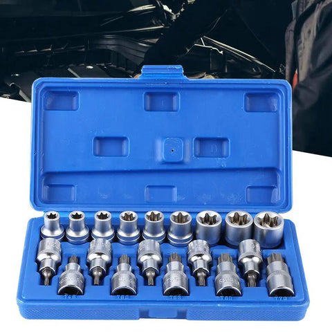 19 Piece 1/2 Inch Drive Star And Hex Socket Bit Kit With E Type Male And Female Wrenches in blue storage case
