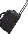OIWAS 22-inch black rolling duffle bag with wheels; expandable 50–60L; front-angle view with yellow stripe