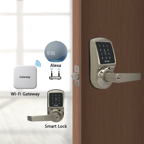Keyless Entry Door Lock With Touchscreen Keypad And Auto Lock For Home And Airbnb Rentals; SCYAN X2 Handle Lock In Satin Nickel Finish; TTLock App Access For Guests And Contractors; Smart lock installed on wooden door with Wi-Fi connectivity and Alexa integration.