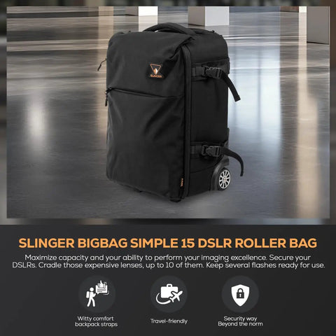 4 Axis 6K Cinema Camera Bundle Kit With 128GB Card Roller Bag LiDAR Range Finder DL Mount Hand Grips Monitor Battery Pack And Cables Pro Grade Set Kit featuring a large DSLR roller bag on sleek floor.