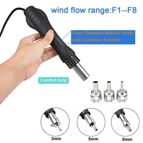 Hand holding Hot Air Rework Station With Fahrenheit And Celsius Digital Display, Adjustable Air Speed, Anti Static Desoldering Gun Kit
