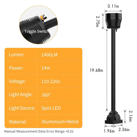 Diagram of Flexible CNC Lathe Work Light With 1400 Lumens IP66 Waterproof Gooseneck Lamp showing dimensions and features