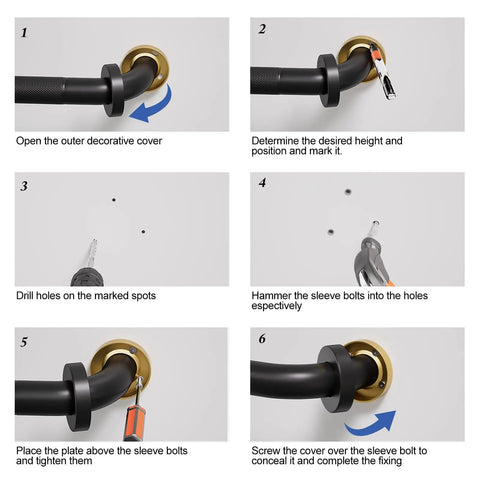 Installation steps for Built Tough Sixteen Inch Oil Rubbed Bronze Shower Grab Bar Wall Mounted Rustproof Stainless Steel Bathroom Safety Rail.